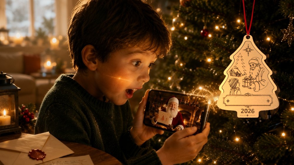 Ein Junge hält sein Natel an den Holzanhänger – der Samichlaus spricht zu ihm.