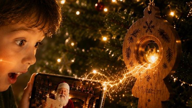 Der gravierte Holzanhänger am Christbaum, daneben das Handy mit der Videobotschaft.