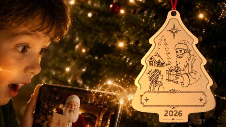 Der gravierte Holzanhänger am Christbaum, daneben das Natel mit der Videobotschaft.