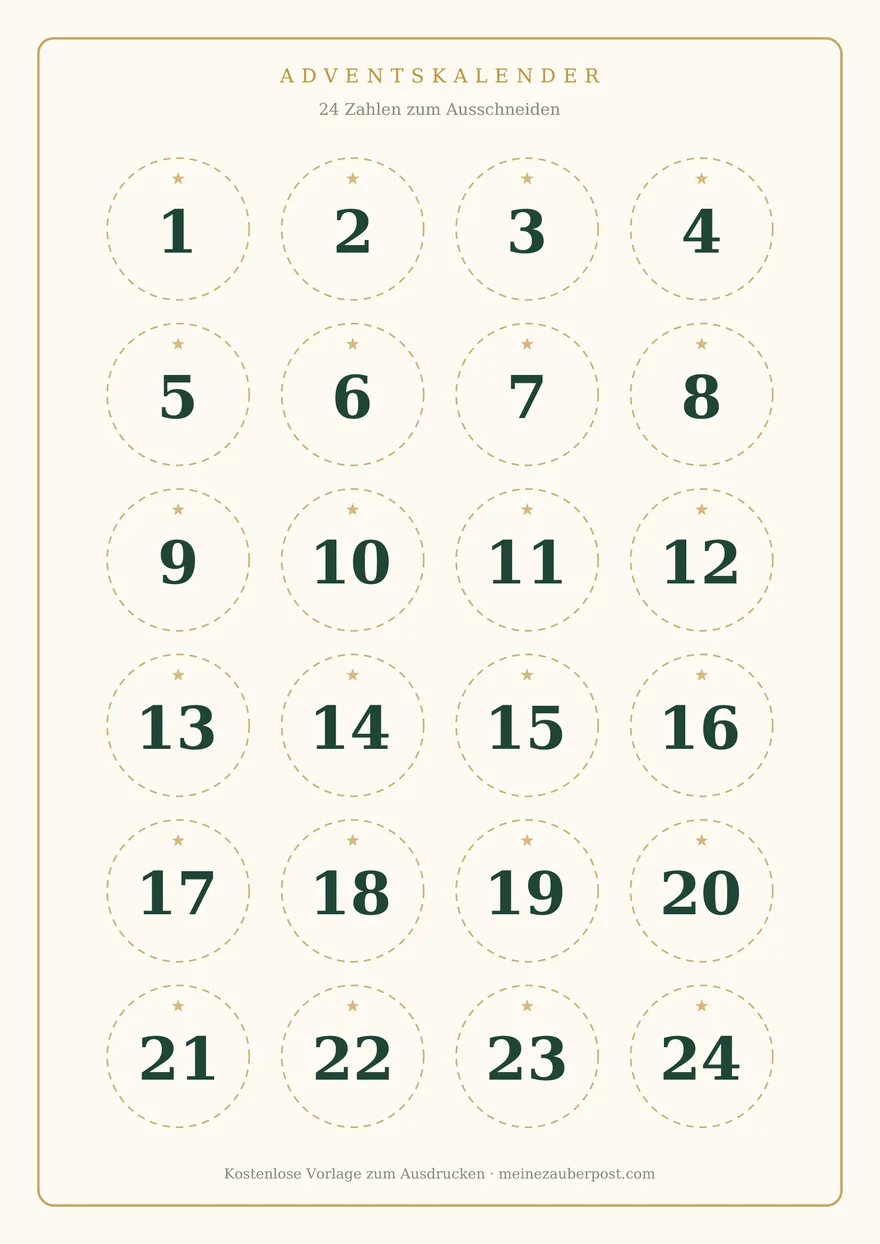 Vorschau der A4-Vorlage: Adventskalender-Zahlen 1 bis 24